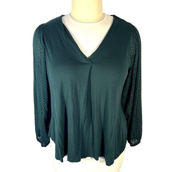 Lane Bryant - Women's 18/20 Blouse V-Neck Forest Green Checkered Balloon Sleeve - Picture 1 of 10